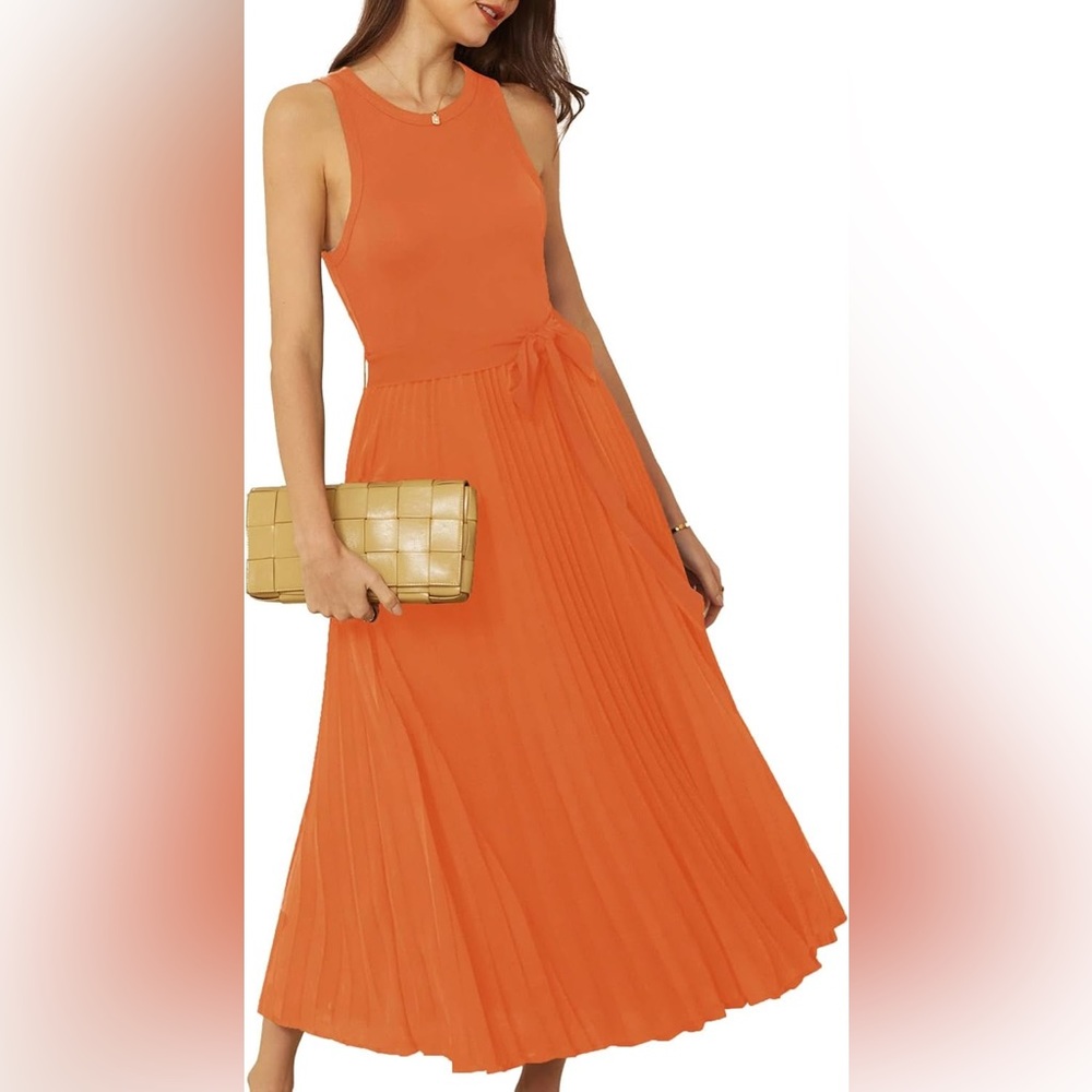 NWOT Casual Summer Sleeveless Pleated Flowy Midi A-line Dresses with Belt